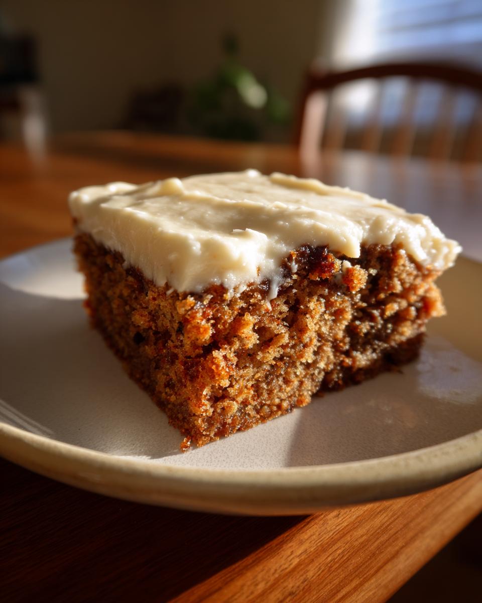 A square slice of moist applesauce cake topped with thick, creamy white frosting, sitting on a light-colored plate.