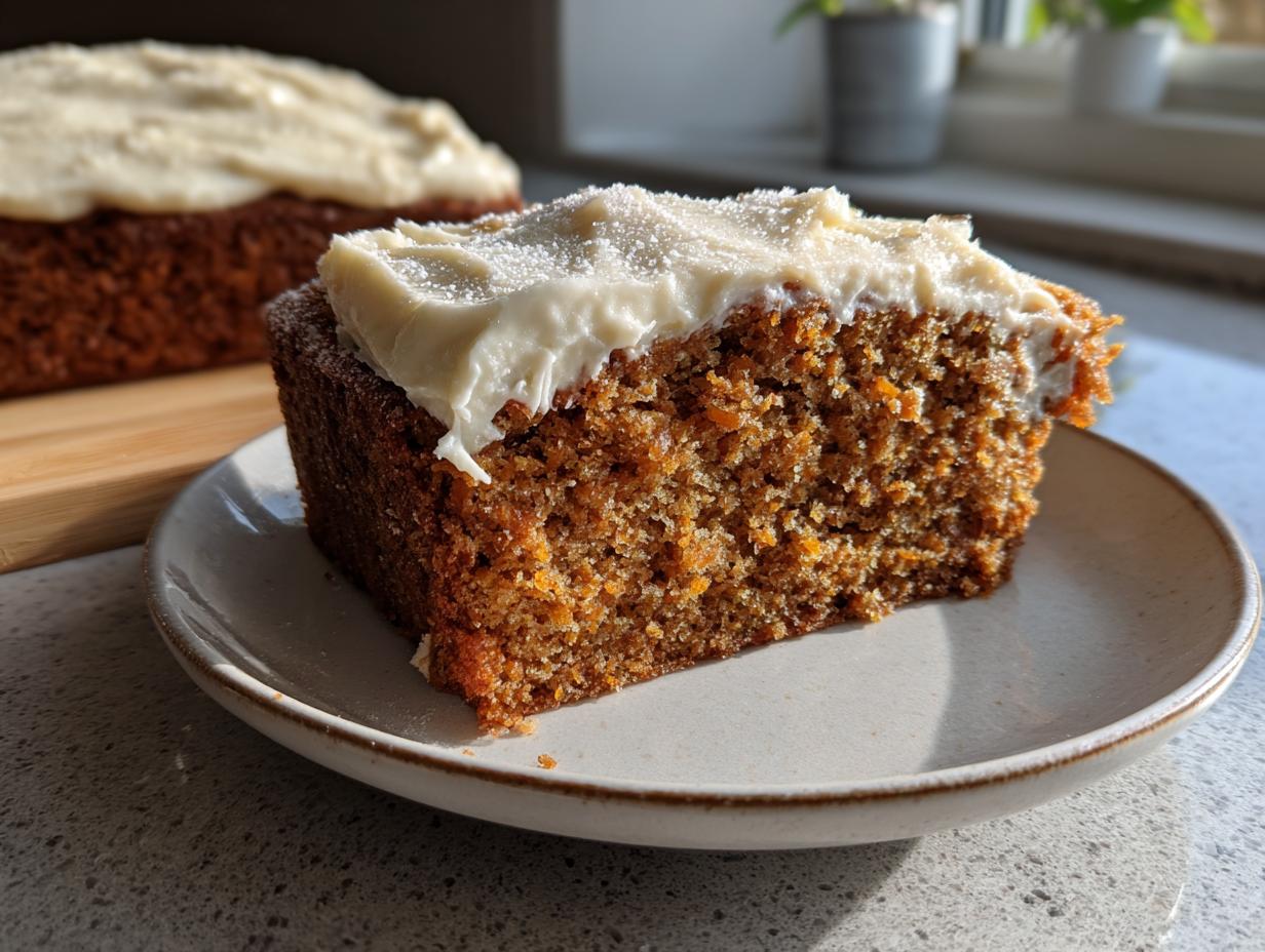 Close-up of a moist slice of applesauce cake topped with thick cream cheese frosting, sitting on a small plate.