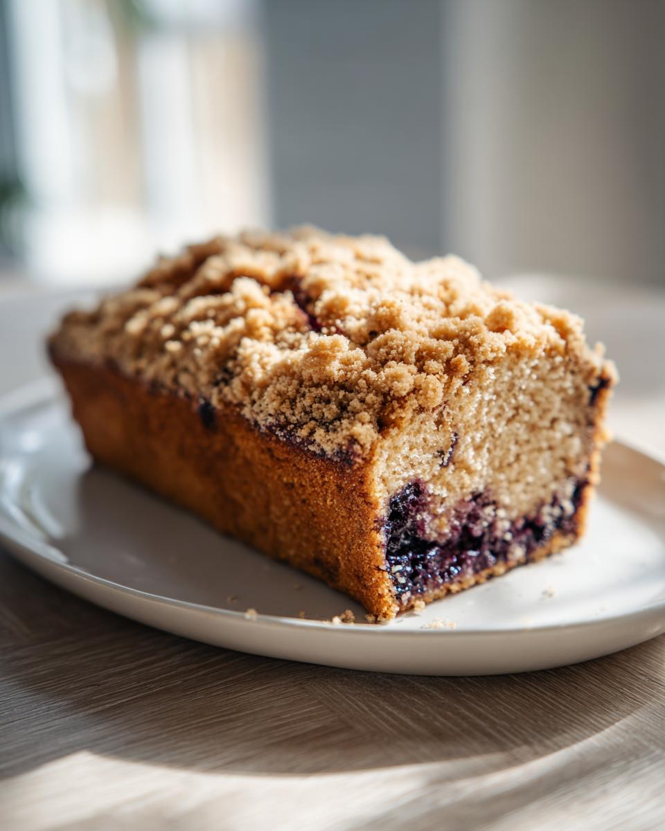 A loaf of moist blueberry banana bread featuring a thick, golden crumb topping and visible blueberries inside.