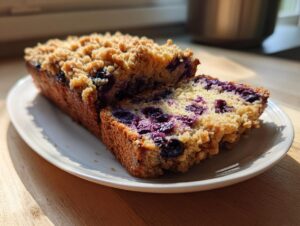 A loaf of moist blueberry banana bread, sliced to show interior blueberries and a crumb topping.