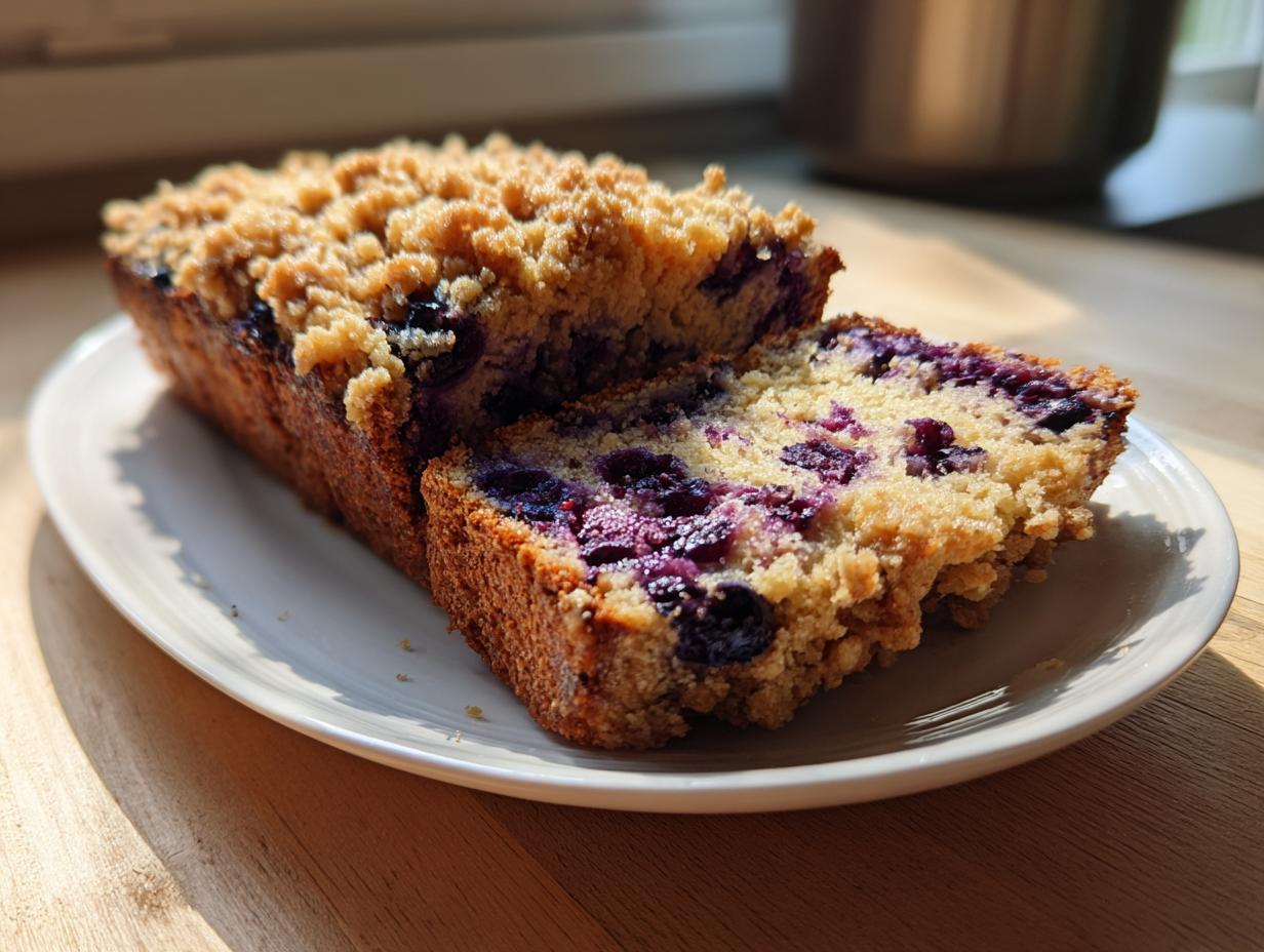 A loaf of moist blueberry banana bread, sliced to show interior blueberries and a crumb topping.