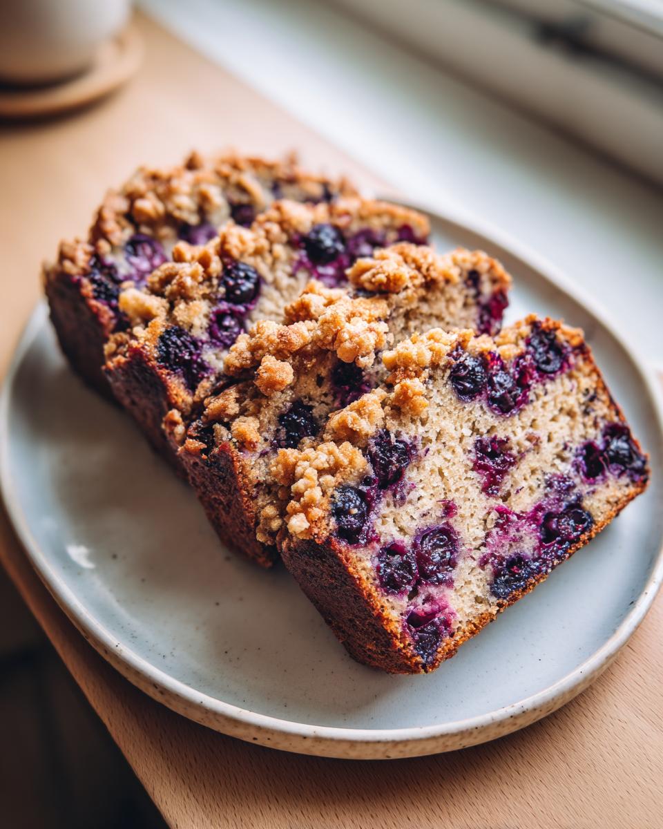 Three slices of moist blueberry banana bread topped with a crunchy streusel topping, served on a light plate.