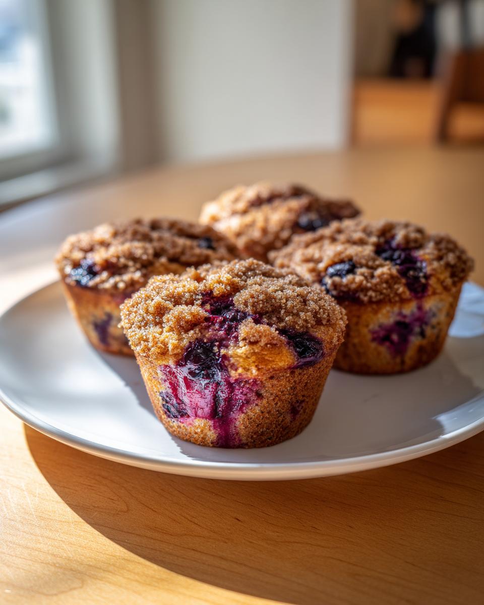 Four moist blueberry muffins with a thick brown sugar crumb topping sitting on a white plate.