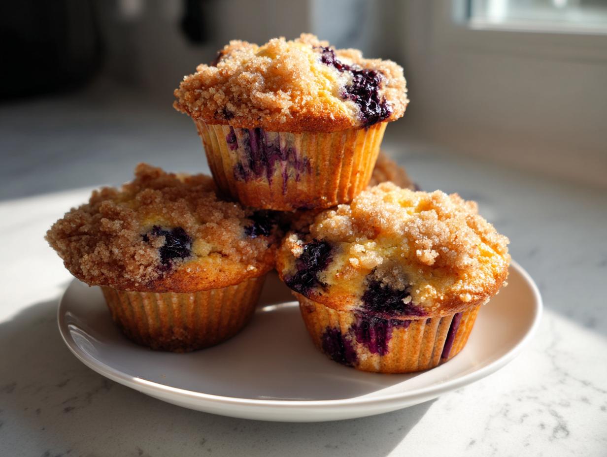 Three moist blueberry muffins topped with a sweet crumb topping stacked on a white plate.