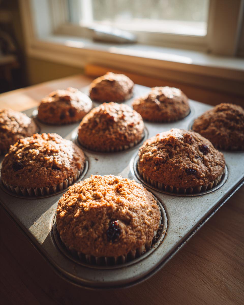 A close-up of freshly baked, moist bran muffins cooling in a metal muffin tin near a sunny window.