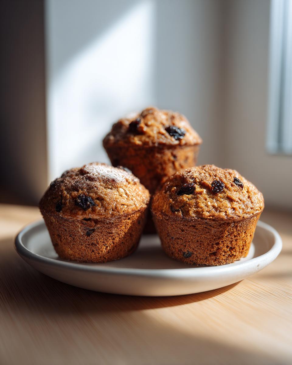Three perfectly baked, moist bran muffins topped with raisins and a dusting of sugar, sitting on a light plate.