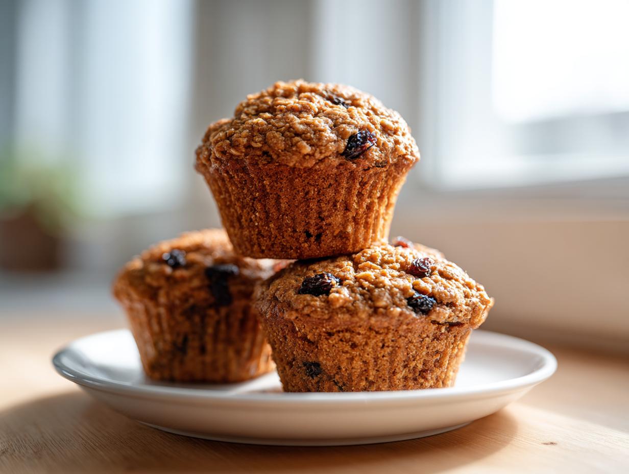 A stack of three perfectly baked, moist bran muffins studded with raisins, resting on a white plate.