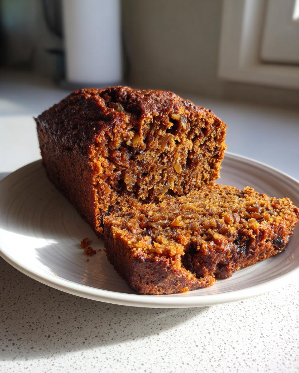 A close-up of a moist date nut bread loaf, with one slice cut and resting against the main loaf on a white plate.