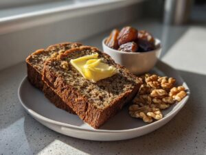Two slices of moist date nut bread topped with melting butter, served alongside walnuts and dates.
