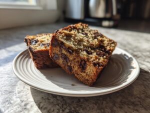 Two thick slices of moist greek yogurt banana bread loaded with chocolate chips, resting on a white plate.