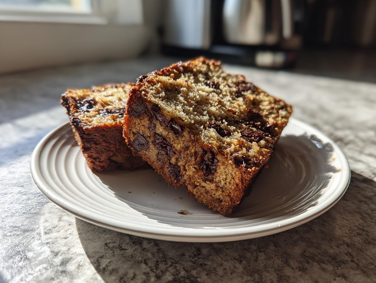 Two thick slices of moist greek yogurt banana bread loaded with chocolate chips, resting on a white plate.