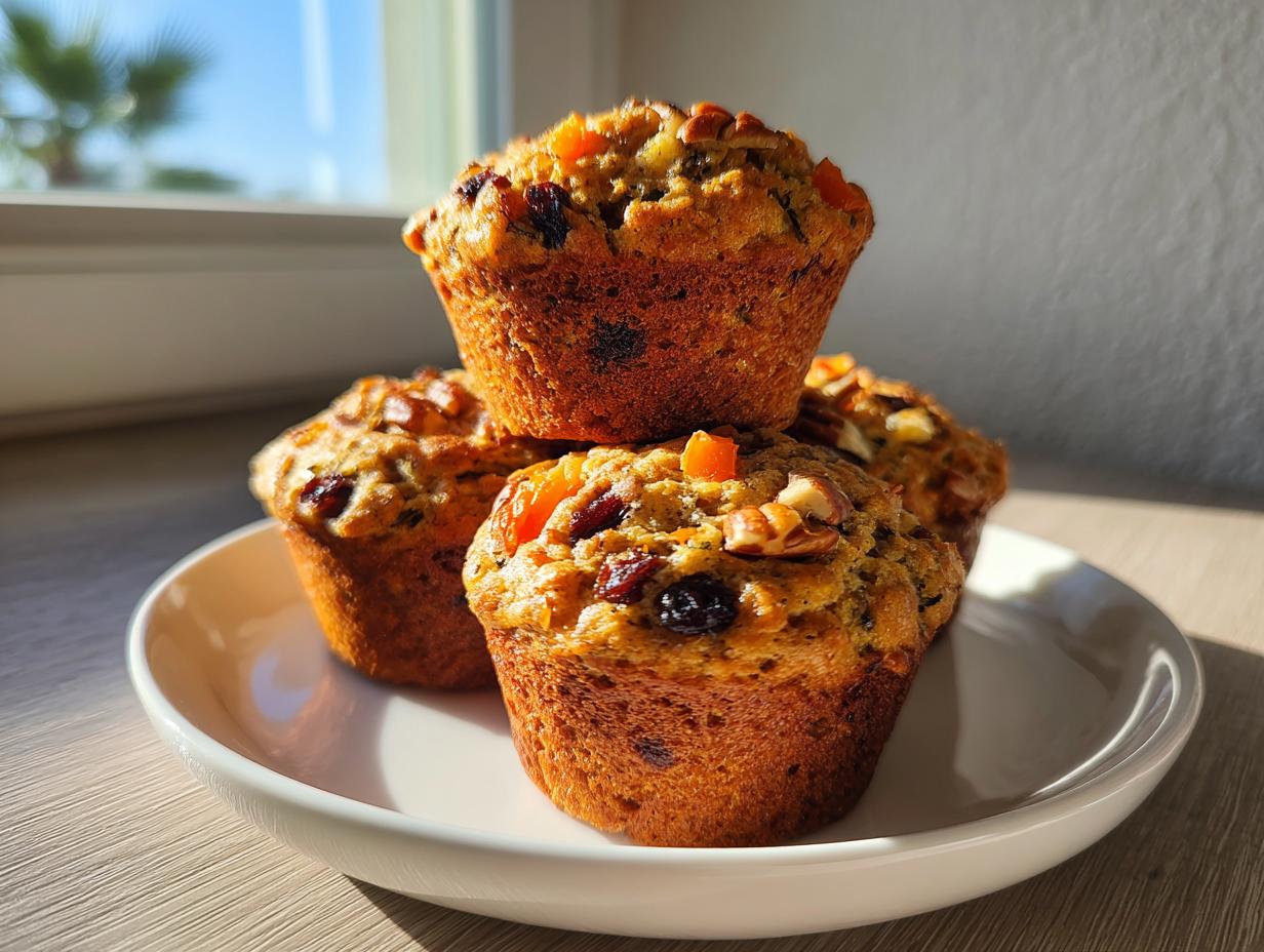 A stack of four moist morning glory muffins topped with visible nuts, dried fruit, and carrots, sitting on a white plate.