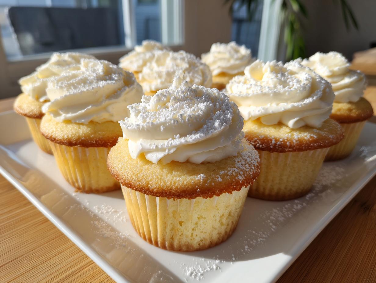 A platter of freshly baked vanilla cupcakes topped with swirls of white frosting and powdered sugar.
