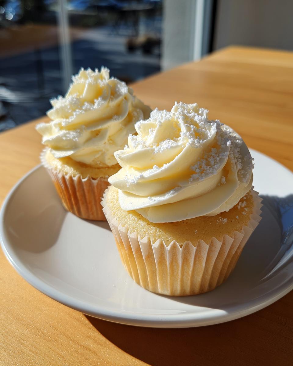 Two perfectly baked vanilla cupcakes topped with swirled vanilla buttercream and a dusting of powdered sugar.