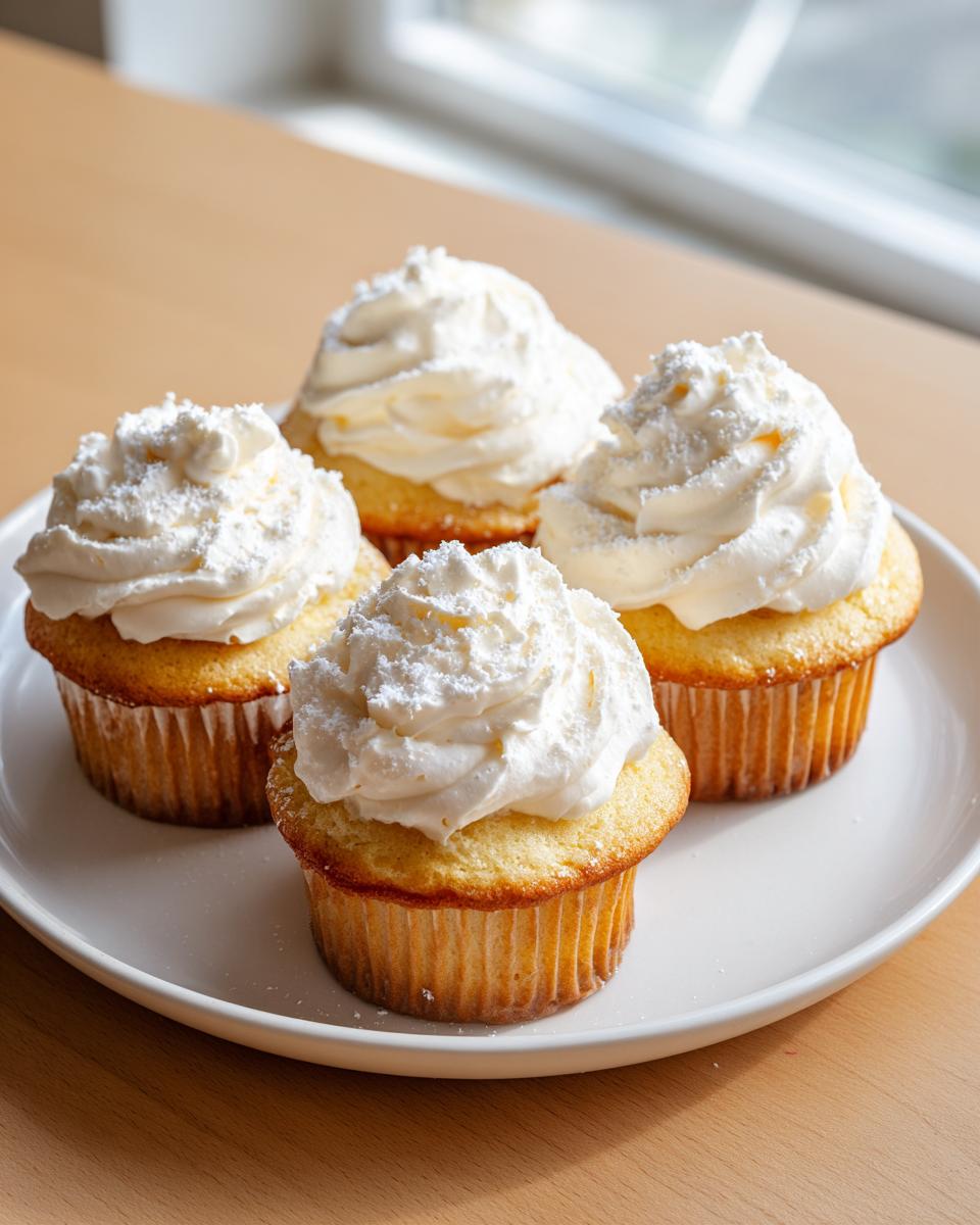 Four freshly baked vanilla cupcakes topped with generous swirls of white frosting and powdered sugar.
