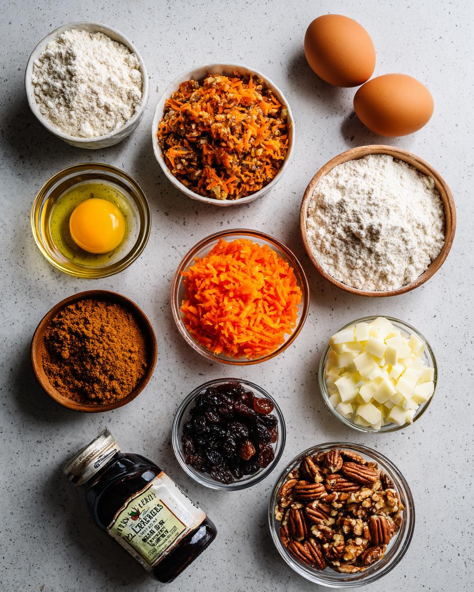 Overhead view of ingredients for morning glory muffins, including flour, shredded carrots, eggs, spices, nuts, and raisins.