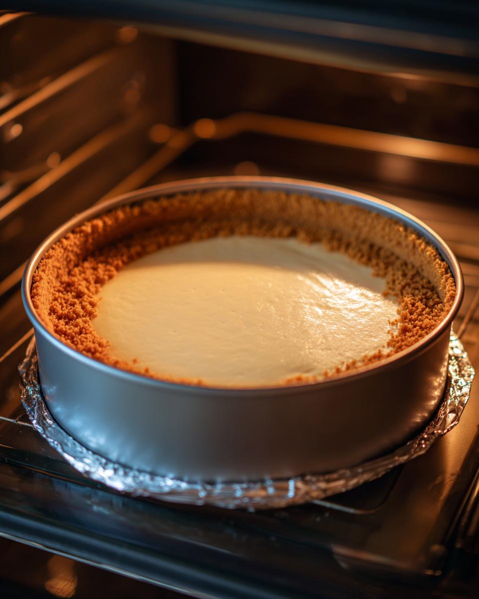 A creamy, uncracked new york cheesecake batter baking in a springform pan inside a warm oven.