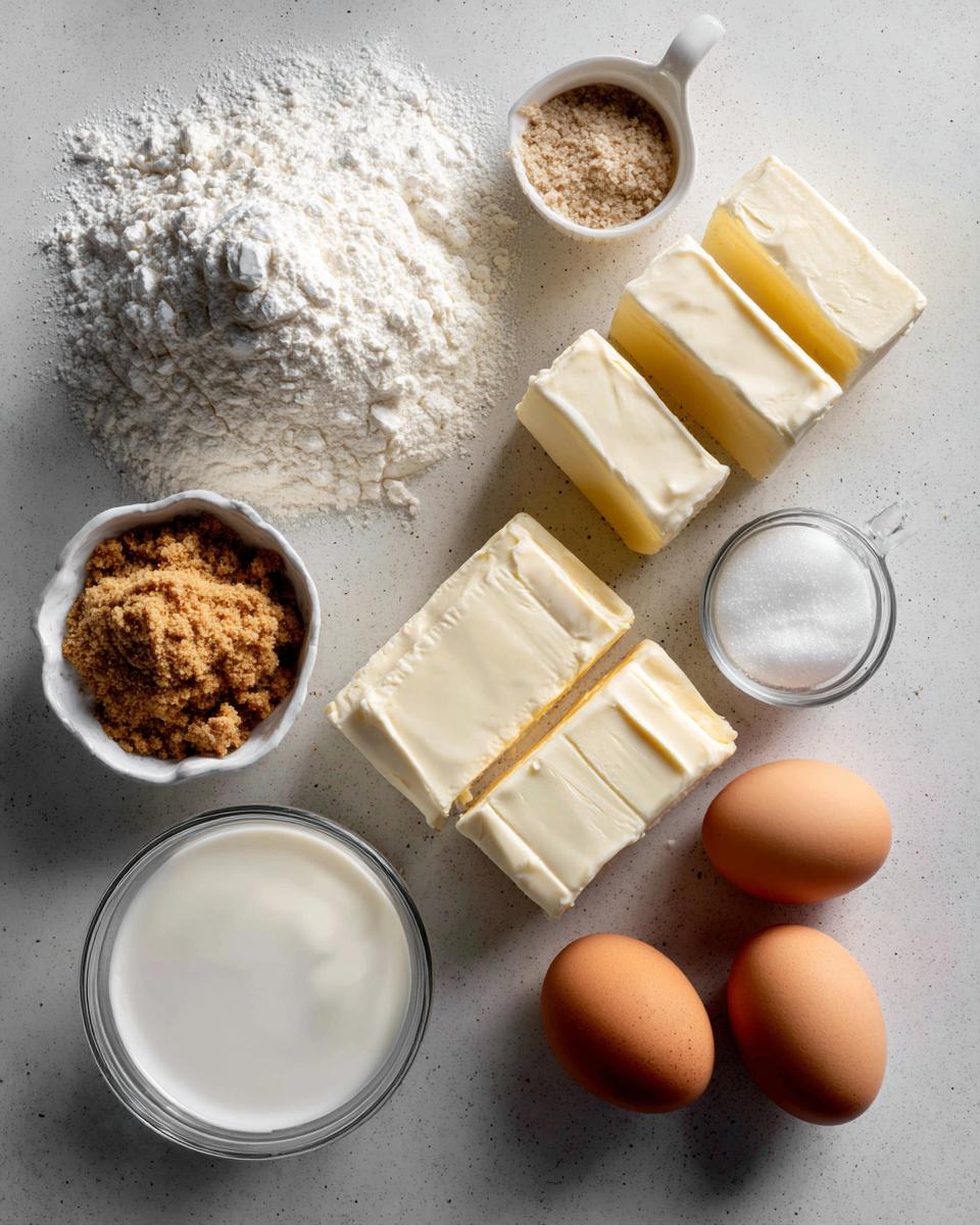 Overhead view of ingredients for new york cheesecake, including flour, butter, brown sugar, white sugar, eggs, and milk.