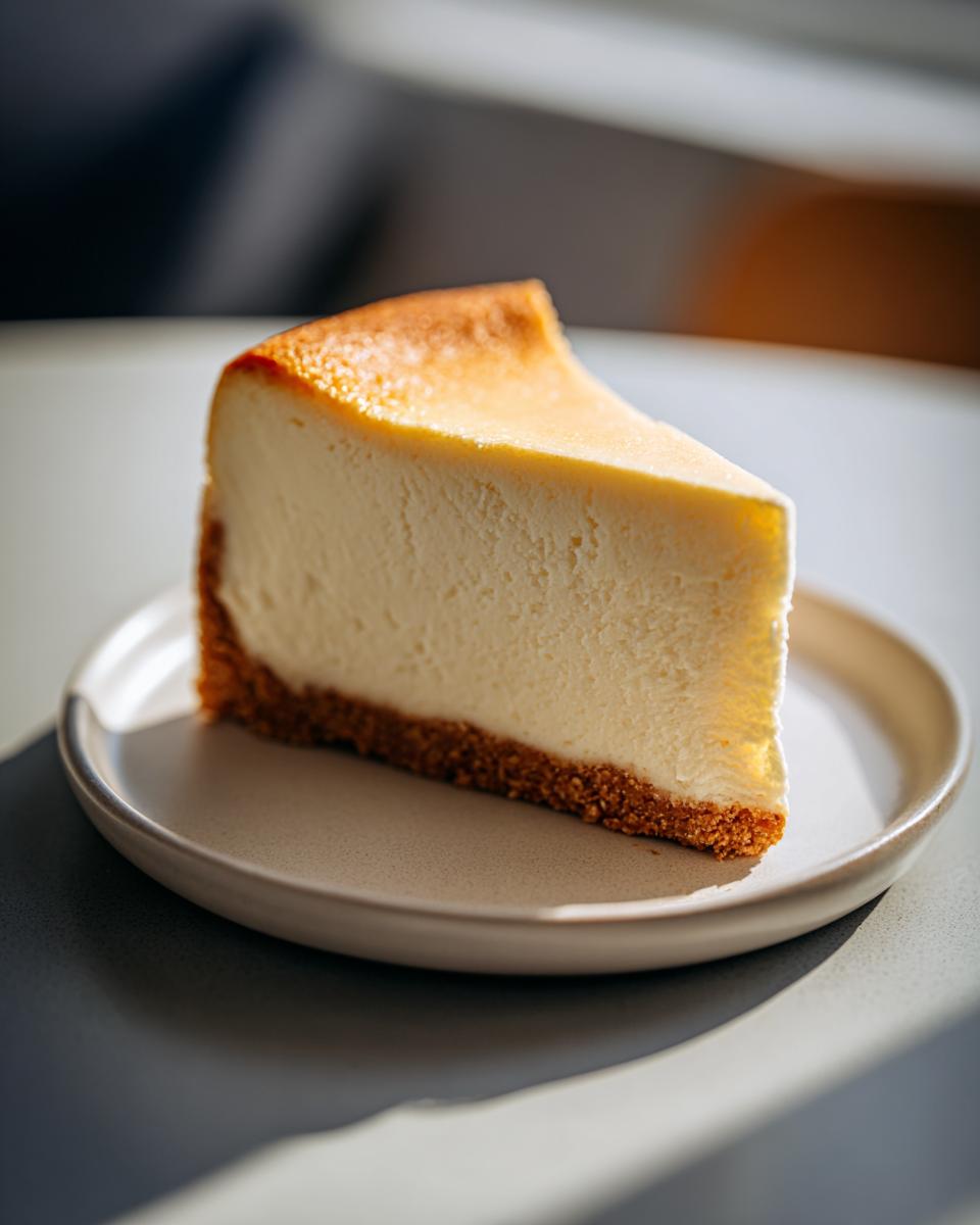 A tall, creamy slice of crack-free new york cheesecake with a golden-brown top and thick graham cracker crust.