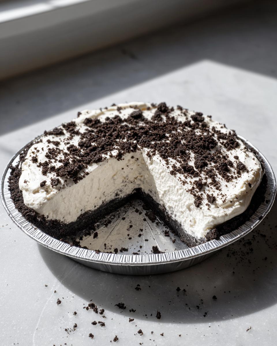 A creamy, no-bake Oreo pie in a foil tin with one slice missing, topped with chocolate cookie crumbs.