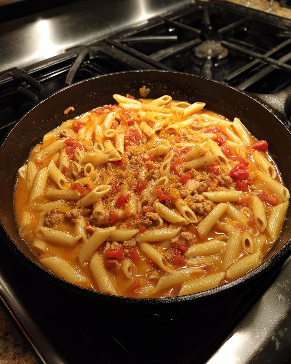 A close-up of creamy chicken sausage pasta with penne and diced tomatoes cooking in a black cast iron skillet on a stovetop.
