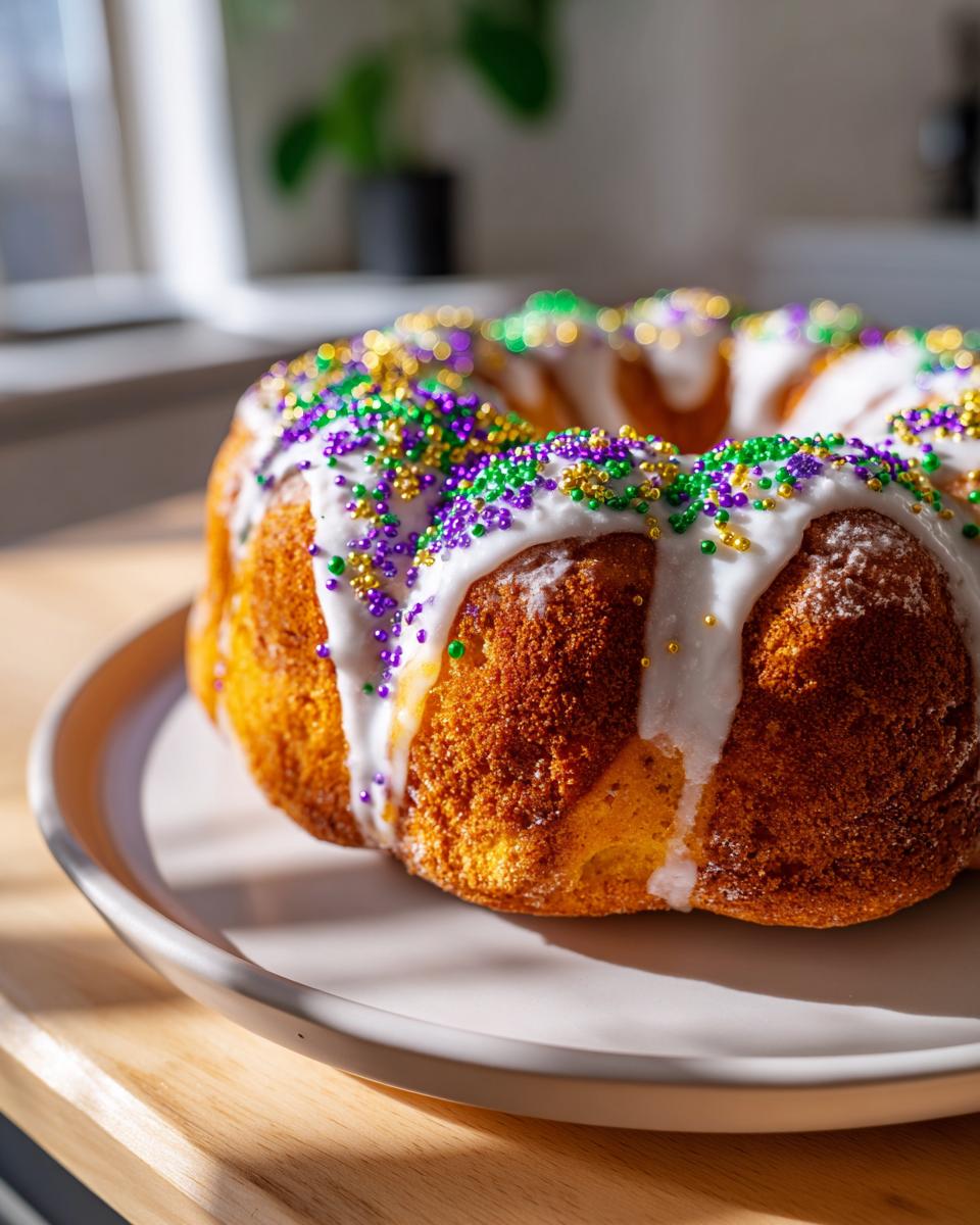 A golden brown, ring-shaped King Cake topped with white icing and Mardi Gras colored sprinkles (purple, green, gold).