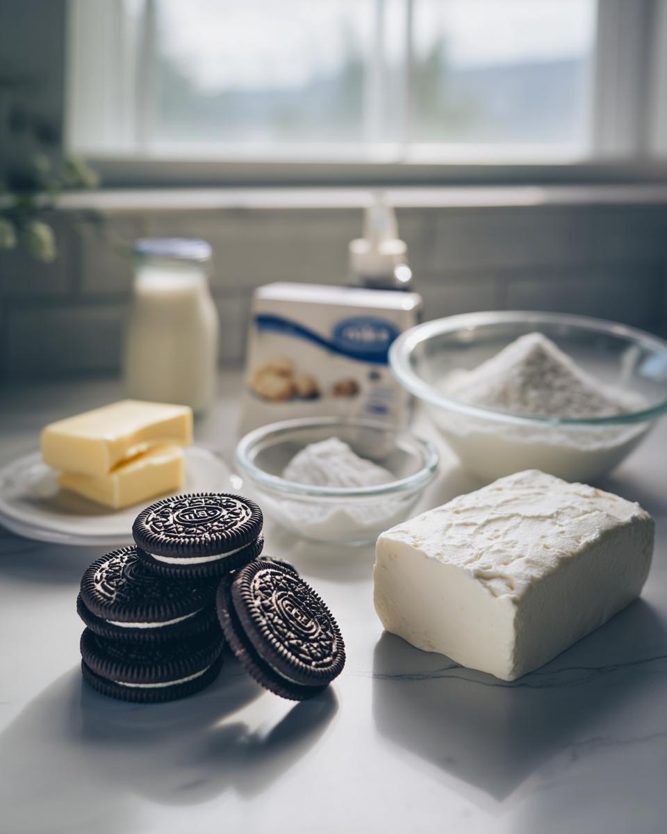 Ingredients laid out for an Oreo cheesecake, featuring a stack of Oreo cookies and a block of cream cheese.