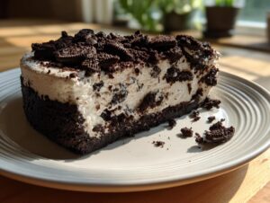 A thick slice of no-bake Oreo cheesecake with a dark crust, creamy filling mixed with cookie pieces, and topped with crushed Oreos.