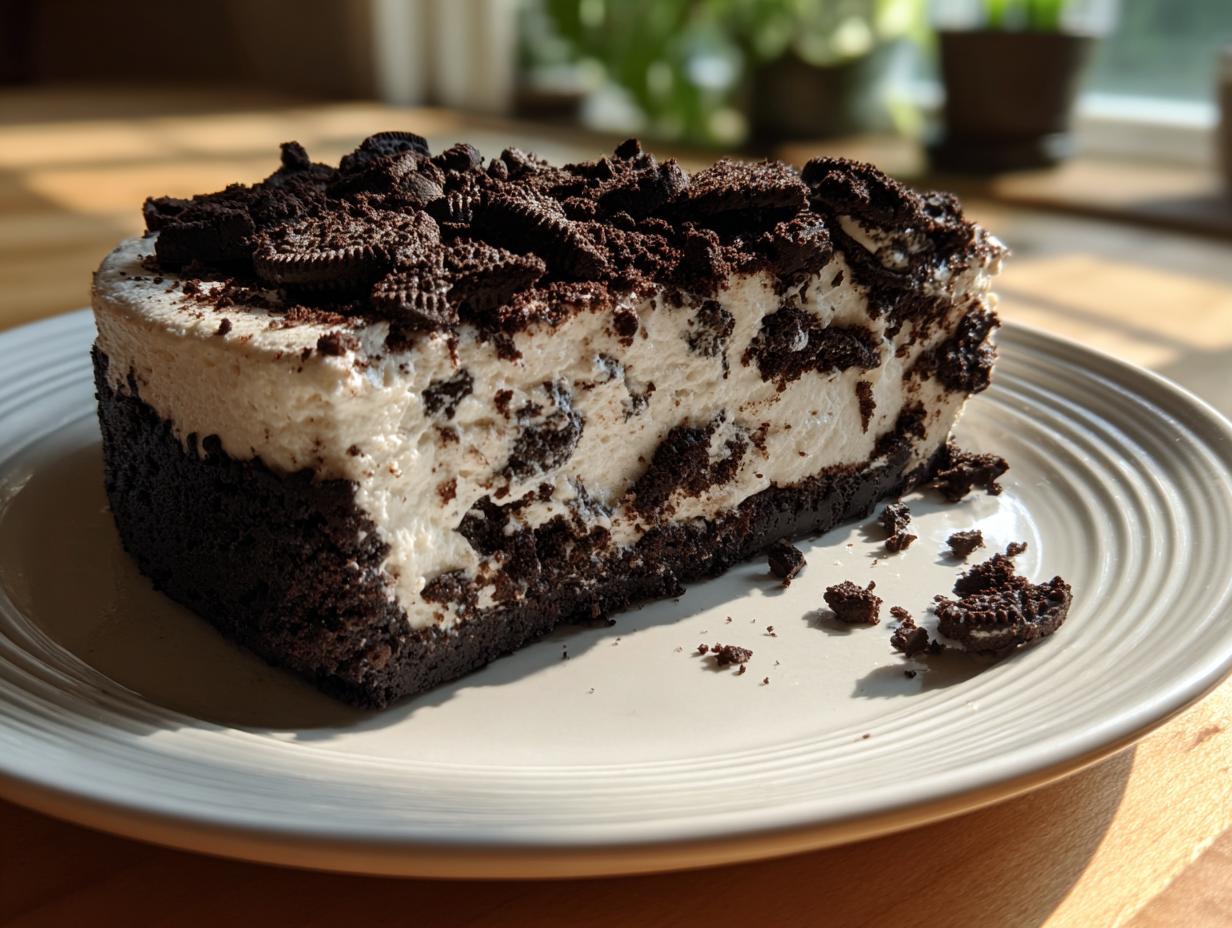 A thick slice of no-bake Oreo cheesecake with a dark crust, creamy filling mixed with cookie pieces, and topped with crushed Oreos.
