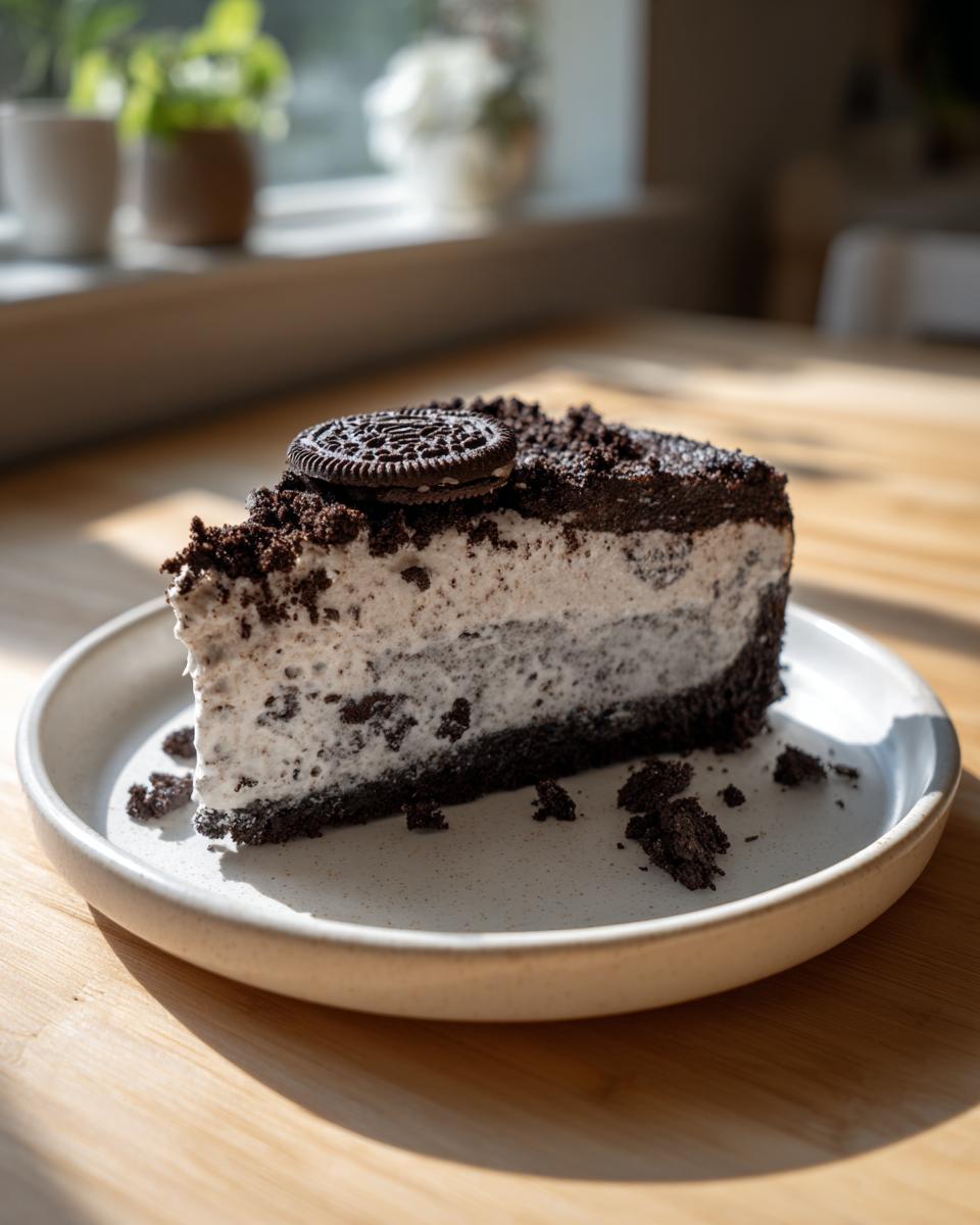 A decadent slice of oreo cheesecake topped with cookie crumbs and a whole Oreo cookie.