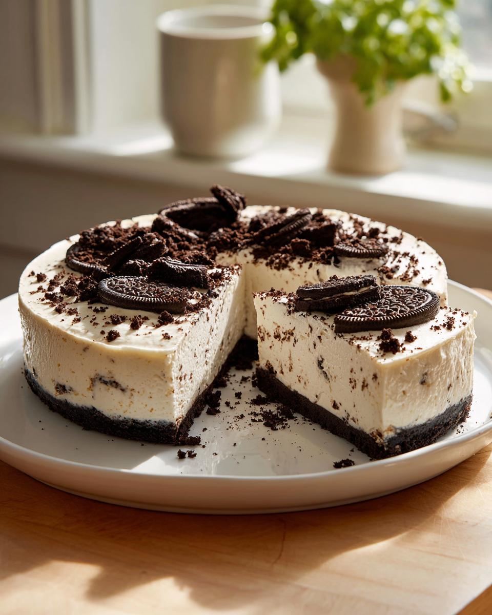 A creamy, no-bake Oreo cheesecake topped with crushed cookies and whole Oreos, with one slice removed.