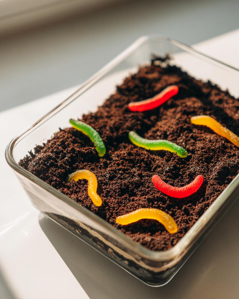 A close-up of an Oreo dirt cake in a clear glass dish, topped with crushed cookies resembling dirt and colorful gummy worms.