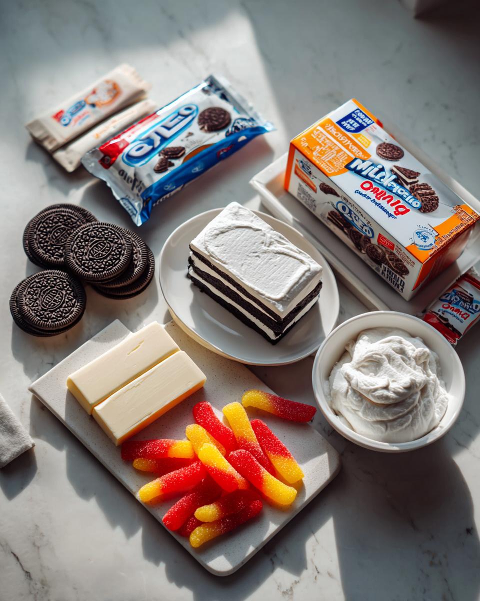 Ingredients laid out for an oreo dirt cake, including Oreo cookies, cream cheese, whipped topping, and gummy worms.