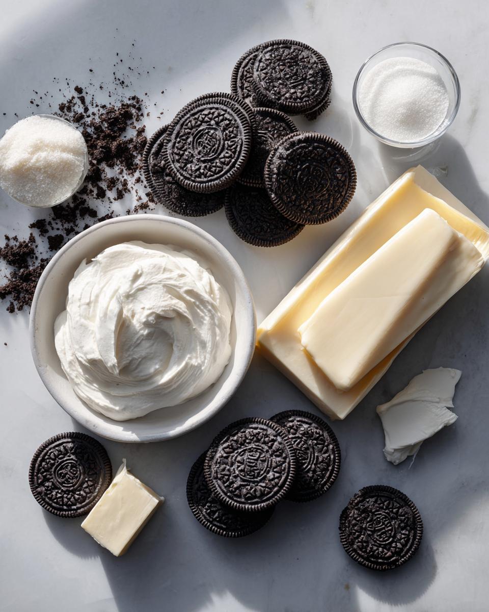 Overhead view of ingredients for Oreo pie, including Oreo cookies, whipped cream, sugar, and cream cheese on a marble surface.