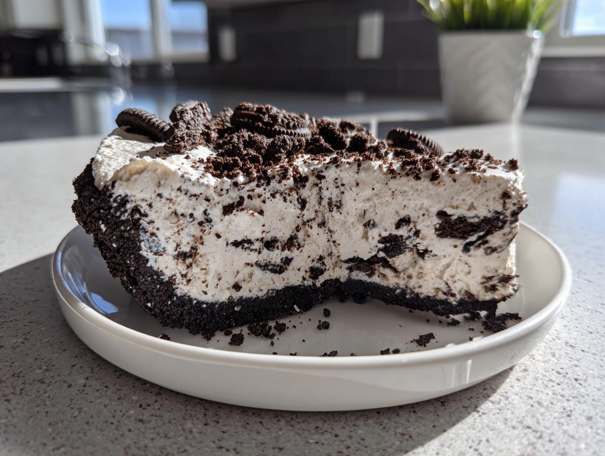 A thick slice of creamy Oreo pie with a dark chocolate crust, topped with crushed Oreos.