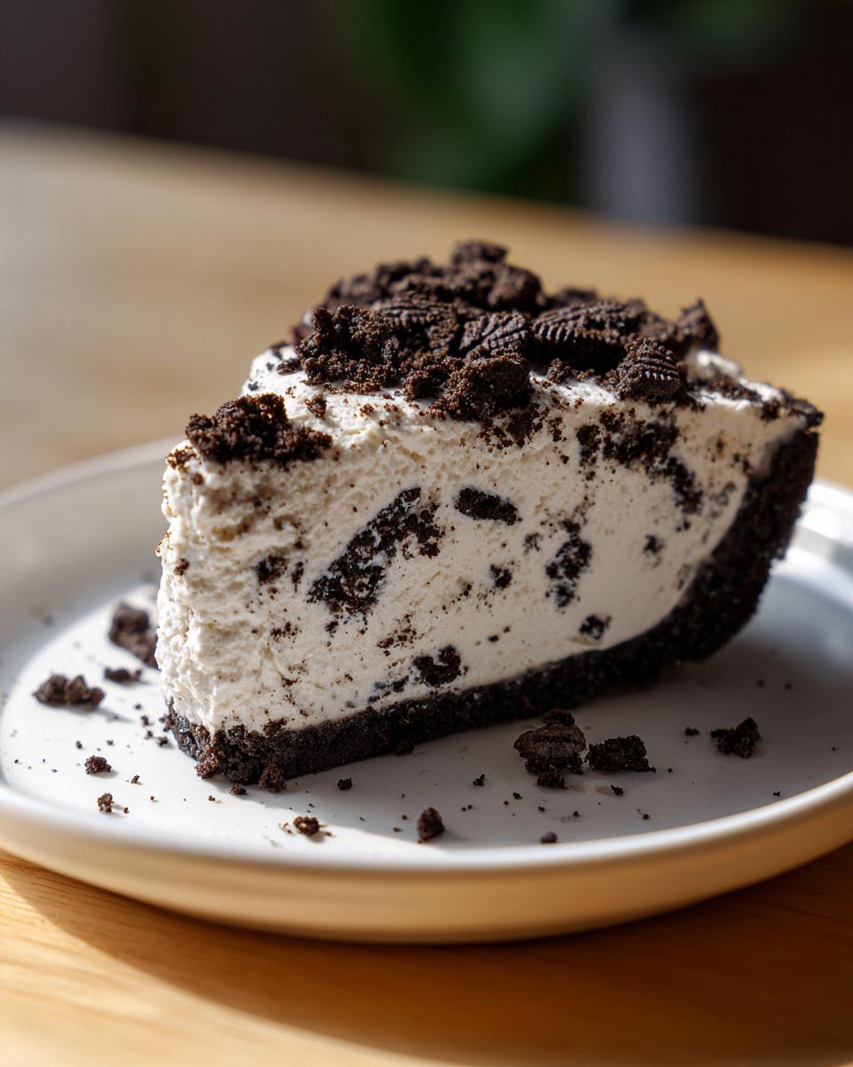 A generous slice of creamy Oreo pie with visible cookie chunks, topped with crushed Oreos, sitting on a white plate.