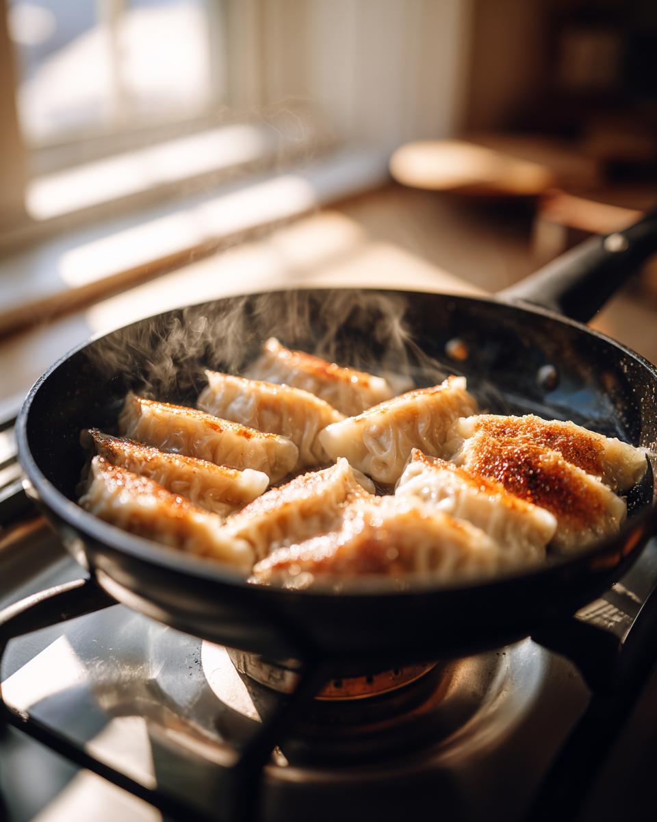 Several Traditional Chinese Dumplings are searing in a hot pan on a stovetop, developing a golden-brown crust.