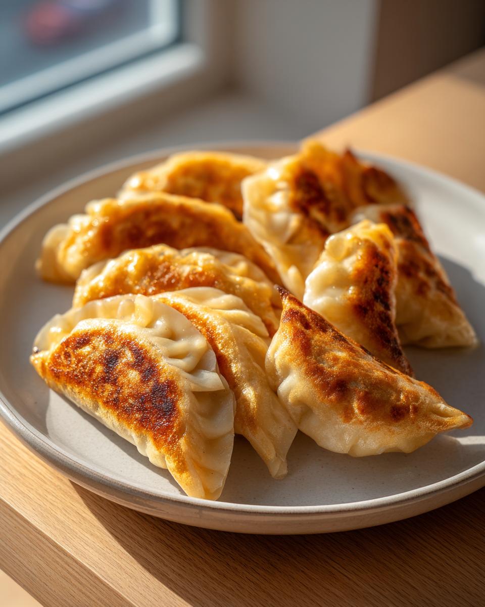 A plate of golden-brown, pan-fried Traditional Chinese Dumplings sitting on a light-colored plate near a window.