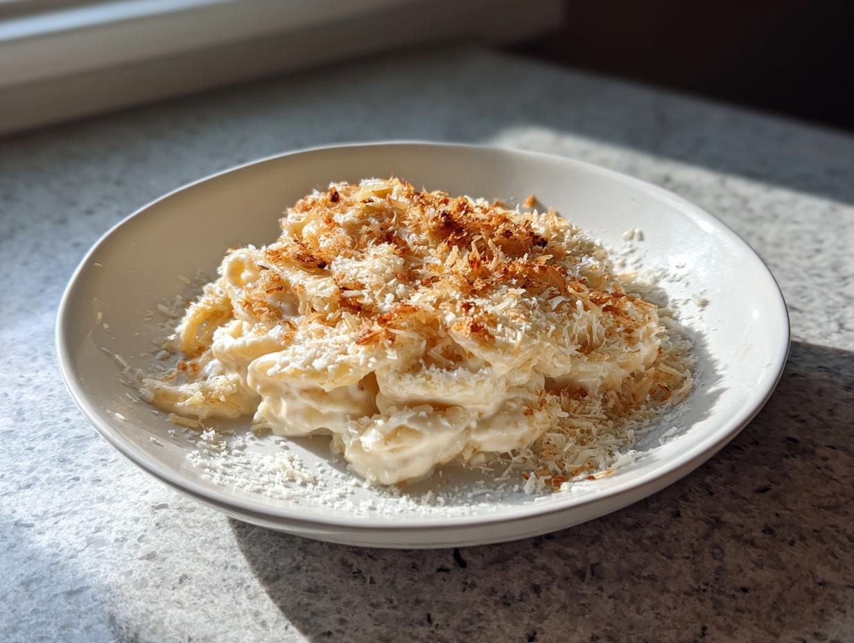 A bowl of pasta generously coated in creamy homemade alfredo sauce and topped with toasted breadcrumbs or cheese.