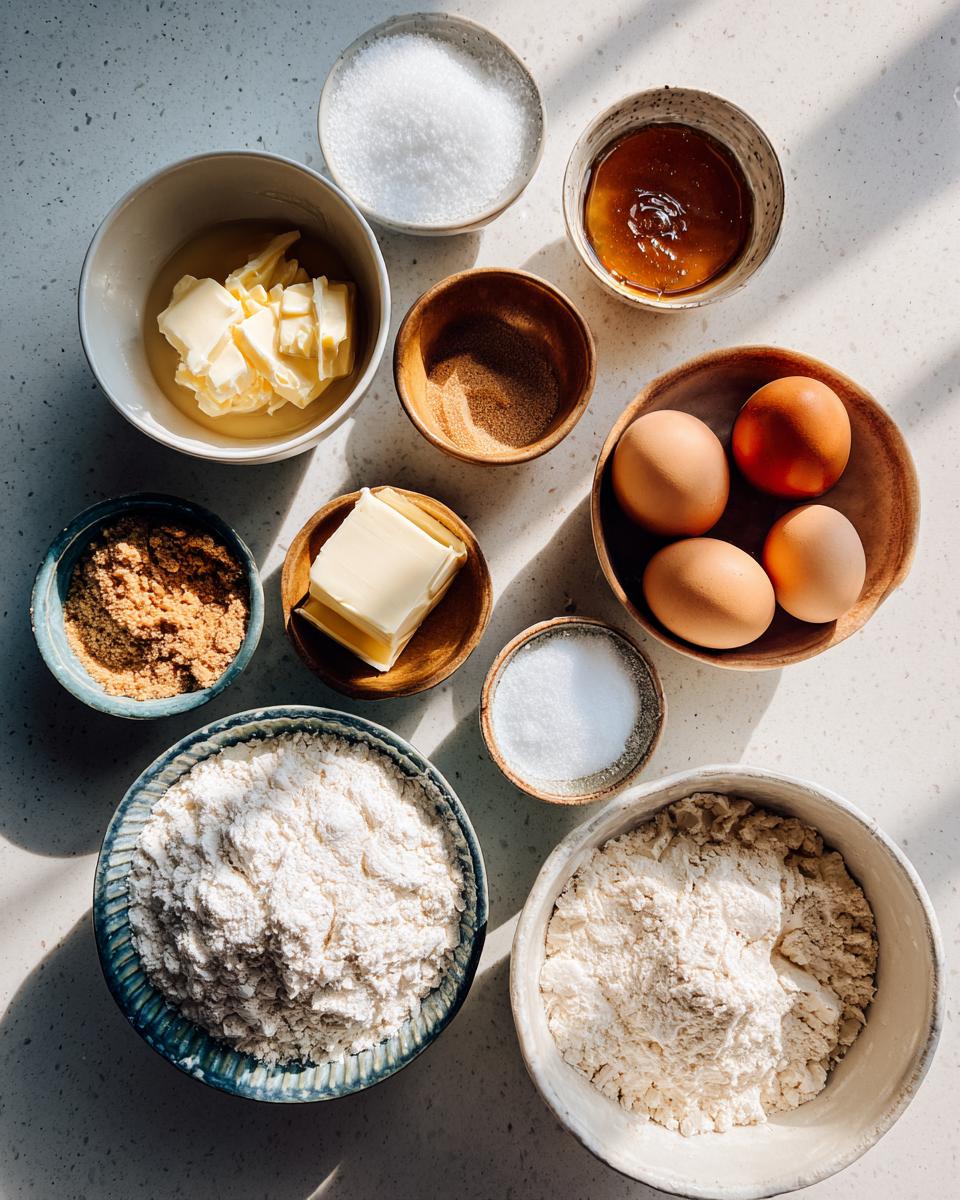 Overhead view of ingredients like flour, butter, eggs, and sugars laid out for making peanut butter cookies.