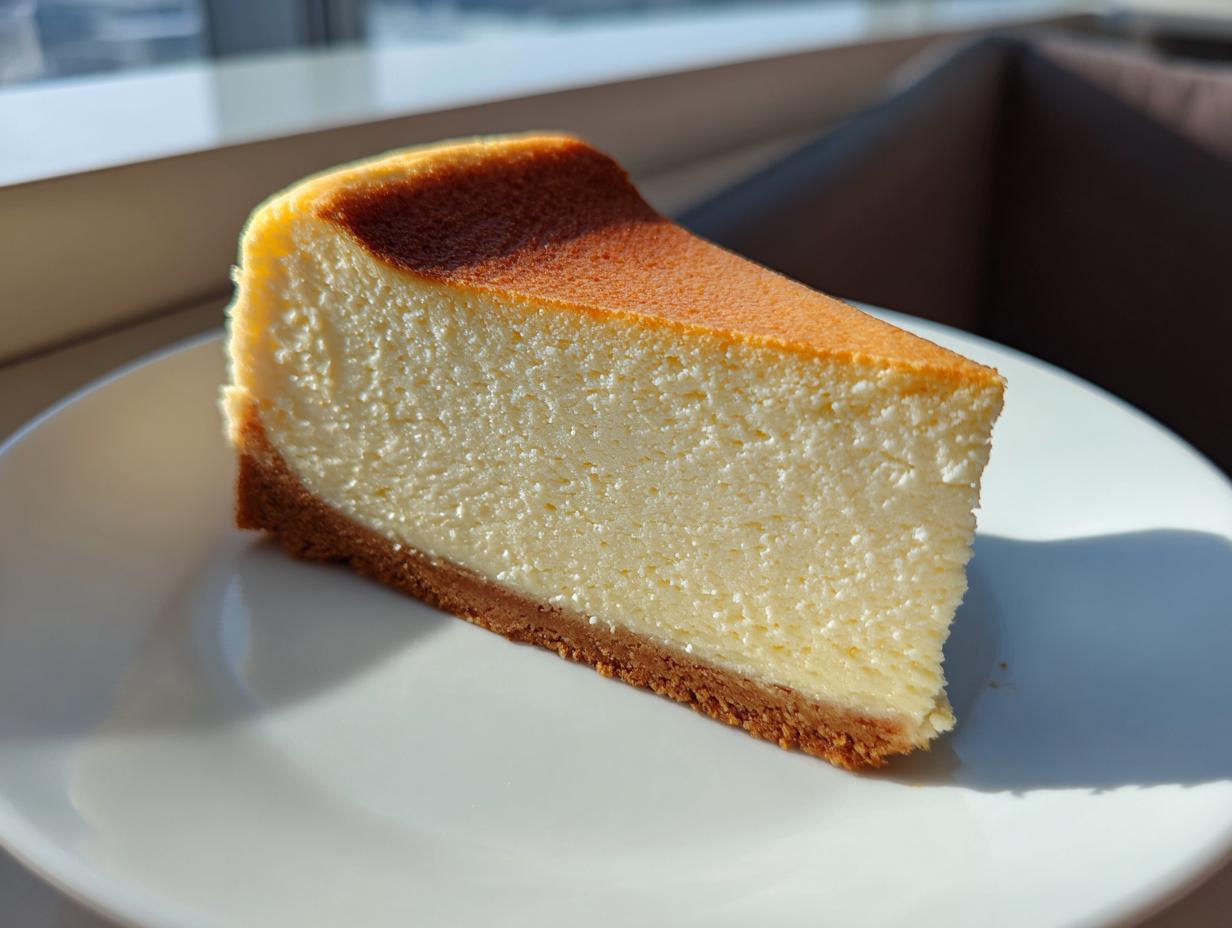 A perfect, crack-free slice of creamy new york cheesecake with a graham cracker crust on a white plate.