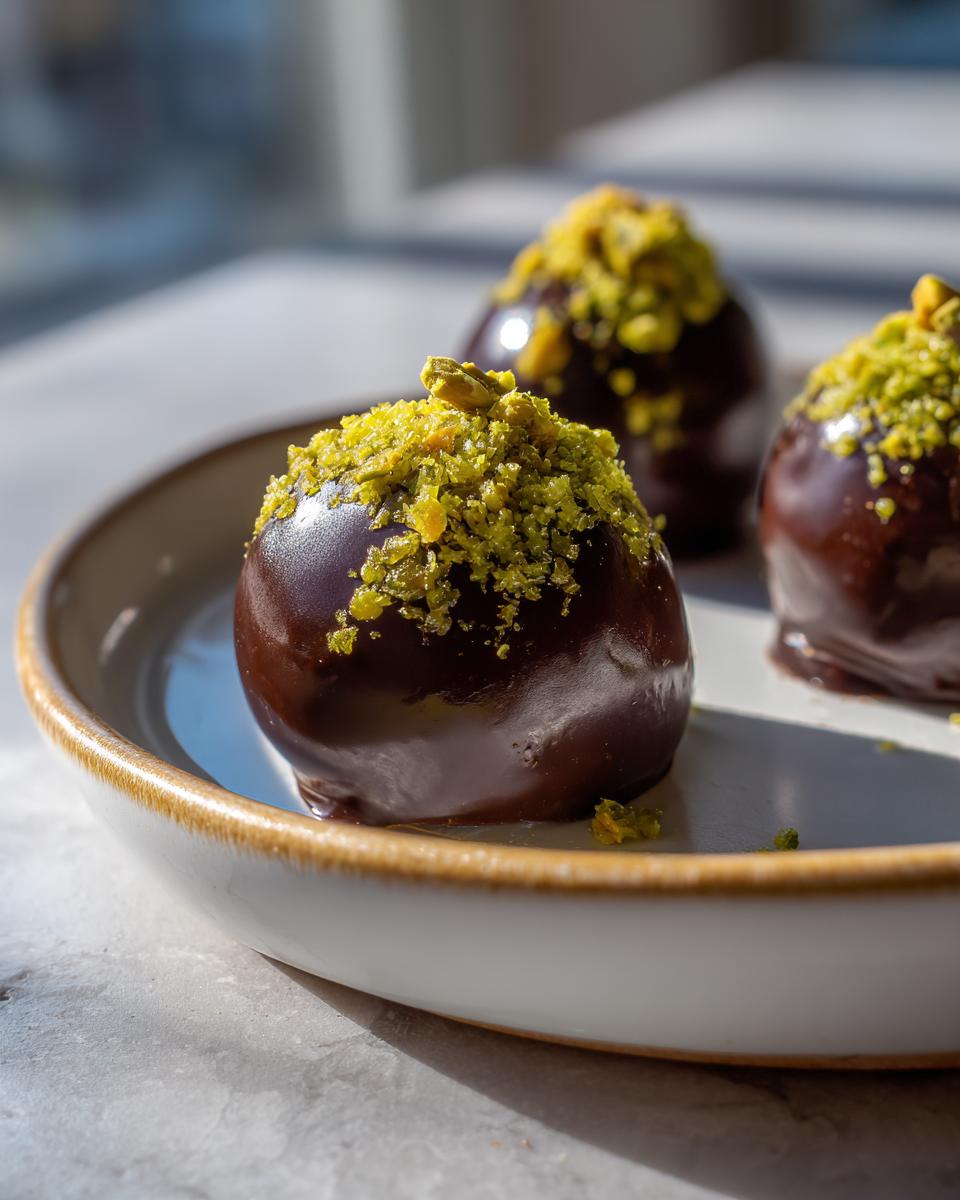 Three glossy, dark chocolate-covered dubai chocolate balls topped with bright green crushed pistachios, served on a light ceramic plate.