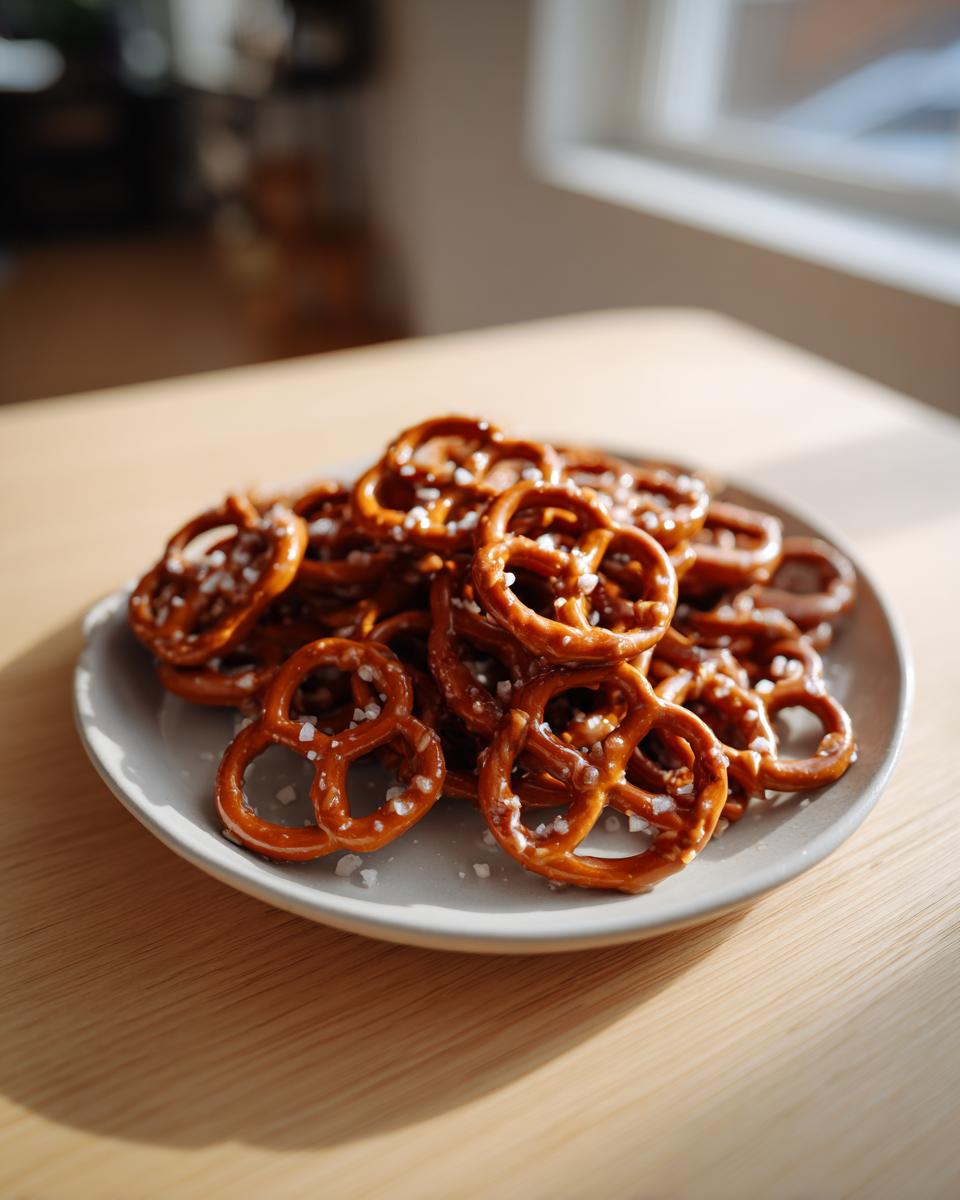 A close-up of crunchy pretzels sprinkled with coarse salt, ready for making toffee pretzels.