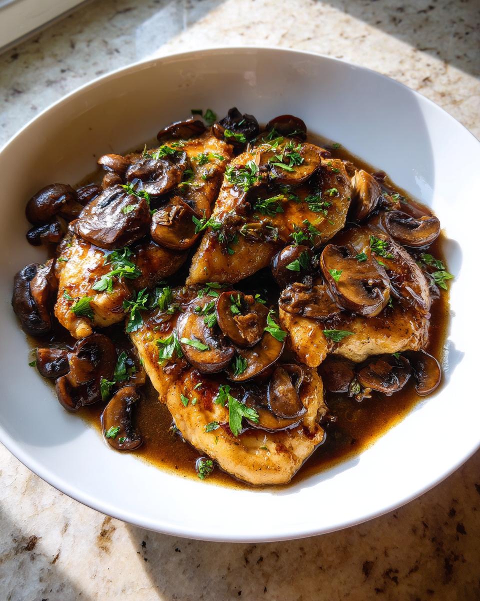 Four golden-brown chicken cutlets smothered in rich brown sauce and sliced mushrooms, garnished with parsley, ready to serve as Chicken Marsala.