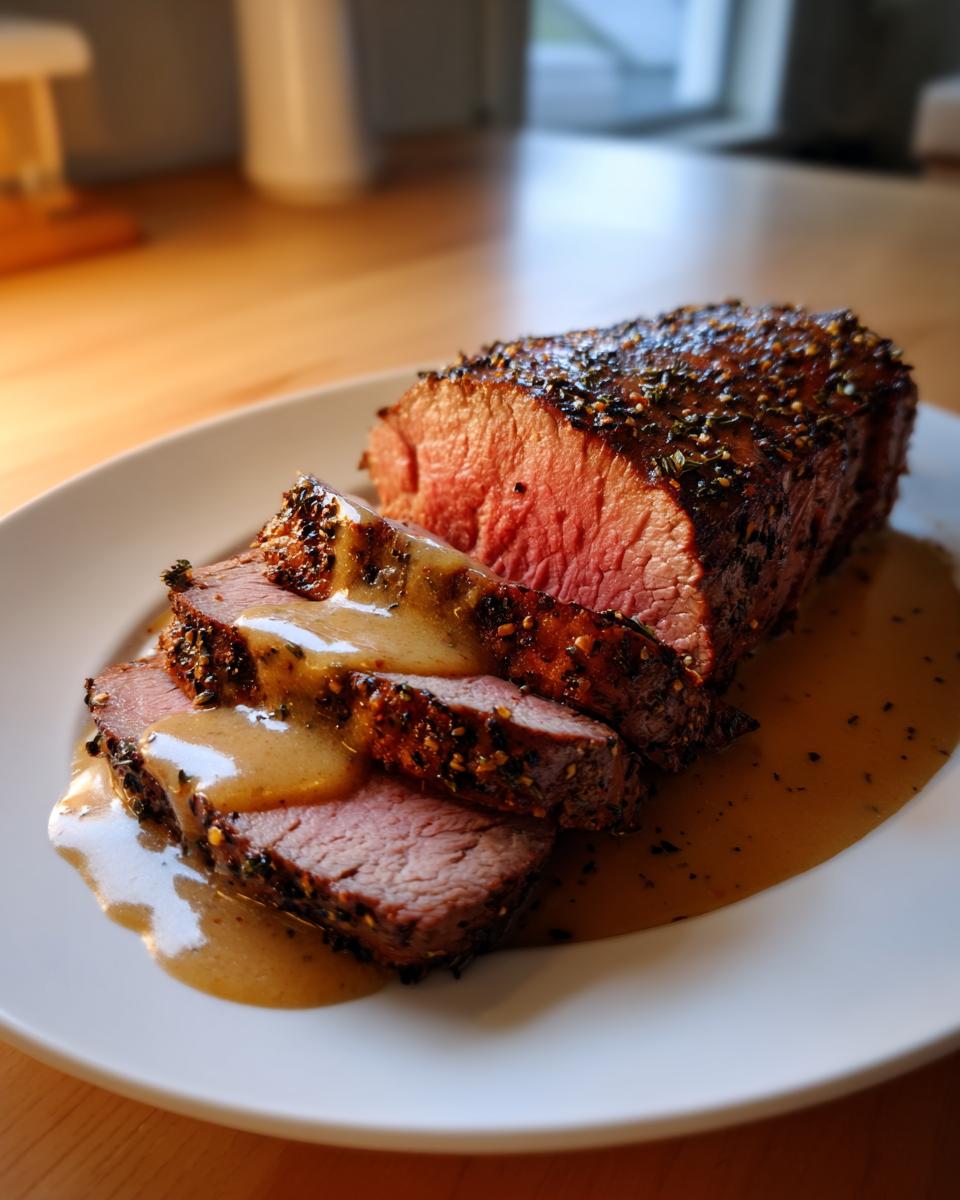 Close-up of a perfectly cooked pork loin roast, sliced medium-rare and drizzled with savory brown gravy.
