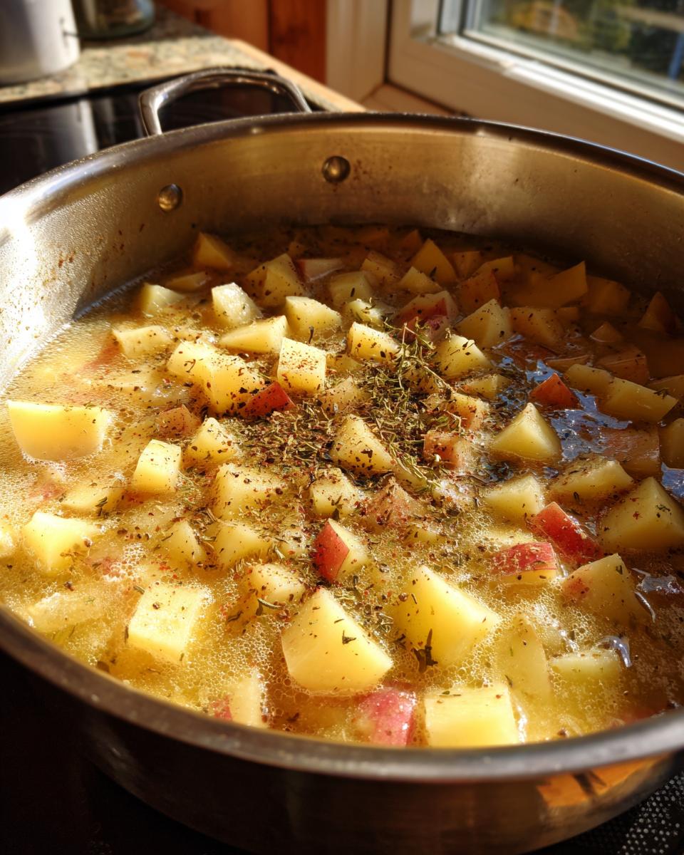 Close-up of diced potatoes simmering in liquid, seasoned with herbs, as a base for cheese soup.