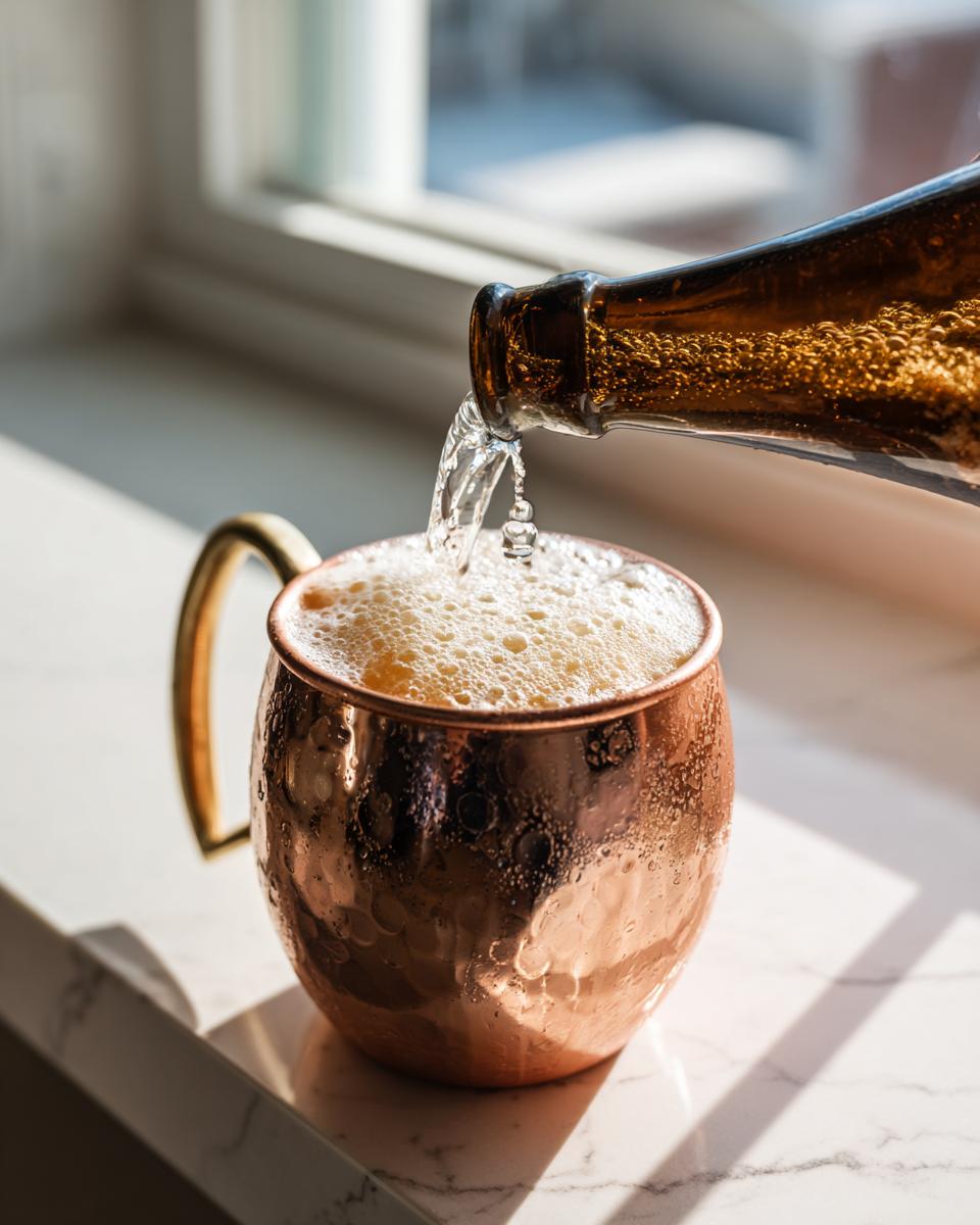 A fizzy liquid is poured from a brown bottle into a hammered copper mug to make an apple cider moscow mule.