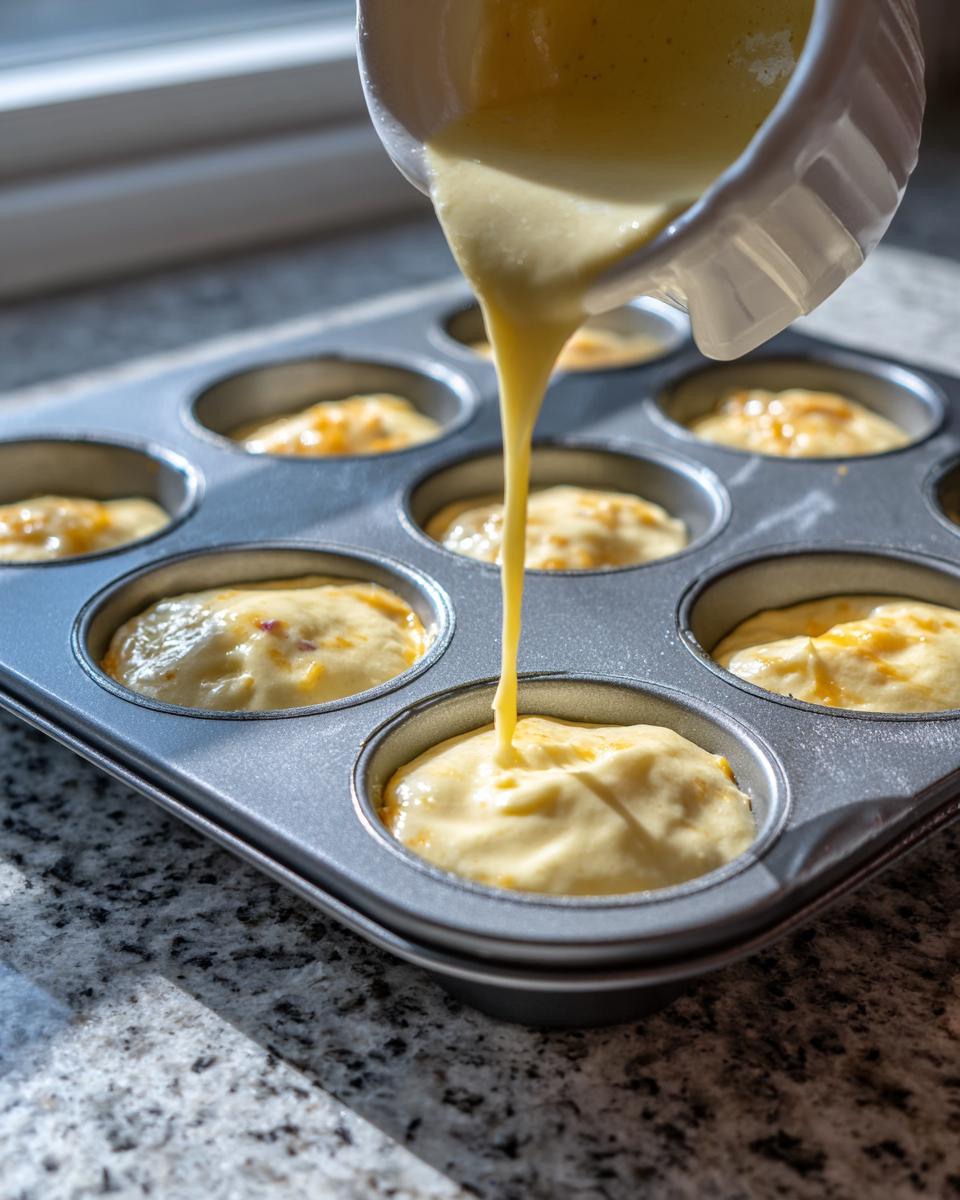 Pouring yellow egg mixture into a muffin tin to make cottage cheese egg cups starbucks hack.