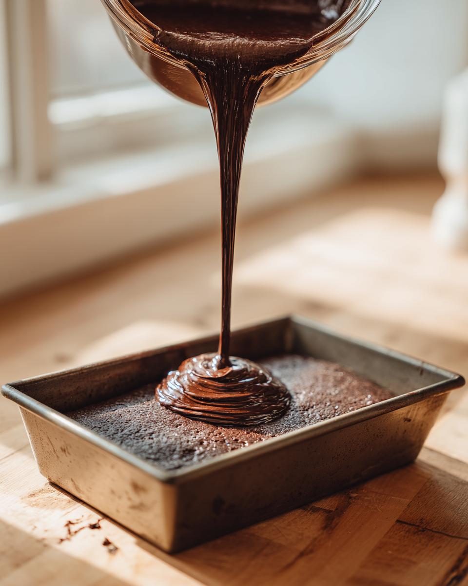 Thick, glossy chocolate ganache being poured from a bowl onto a baked brownie layer for buckeye brownies.