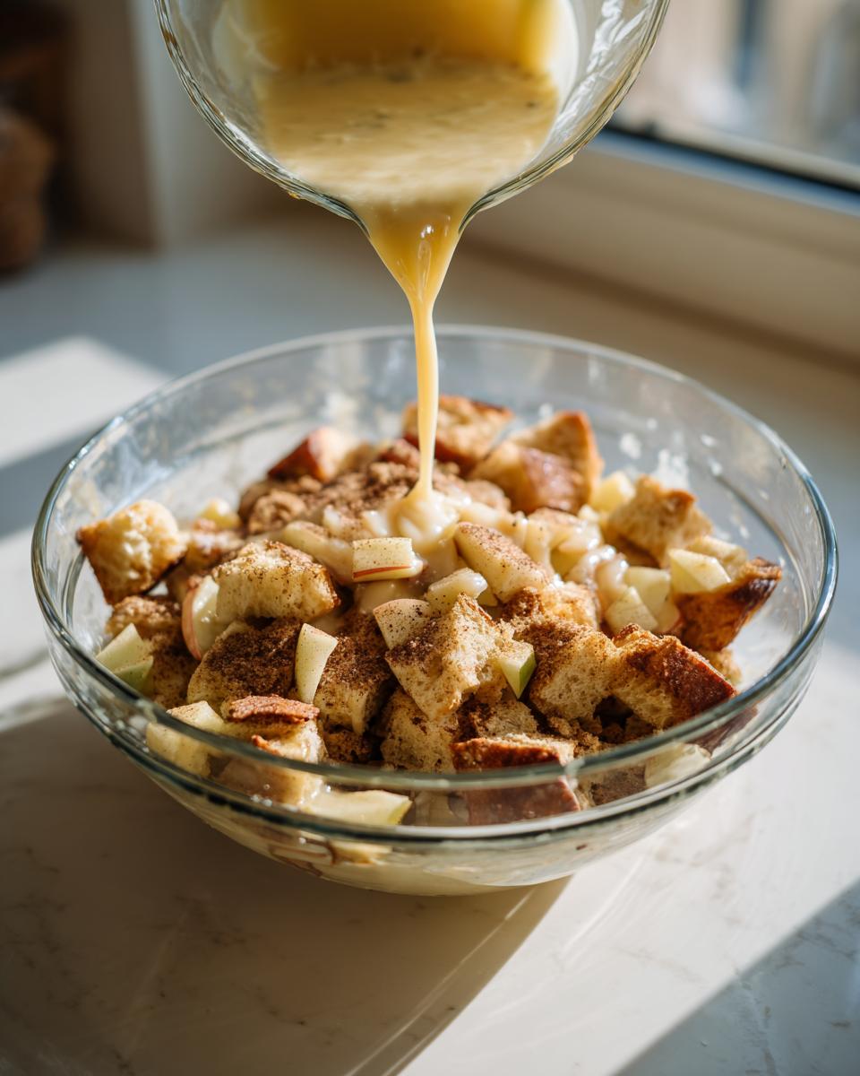 Pouring creamy custard mixture over cubed bread and apple pieces for apple bread pudding in a glass bowl.